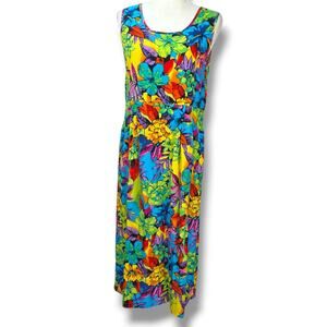Hilo Hattie Womens L Hawaiian Midi Dress Tropical Floral Vibrant Colorful Vtg